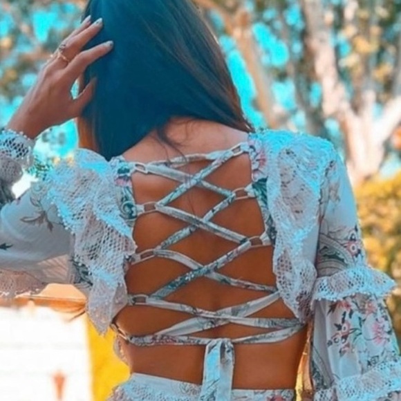 rose velvet Tops - Floral Lace-Up Ruffle Blouse